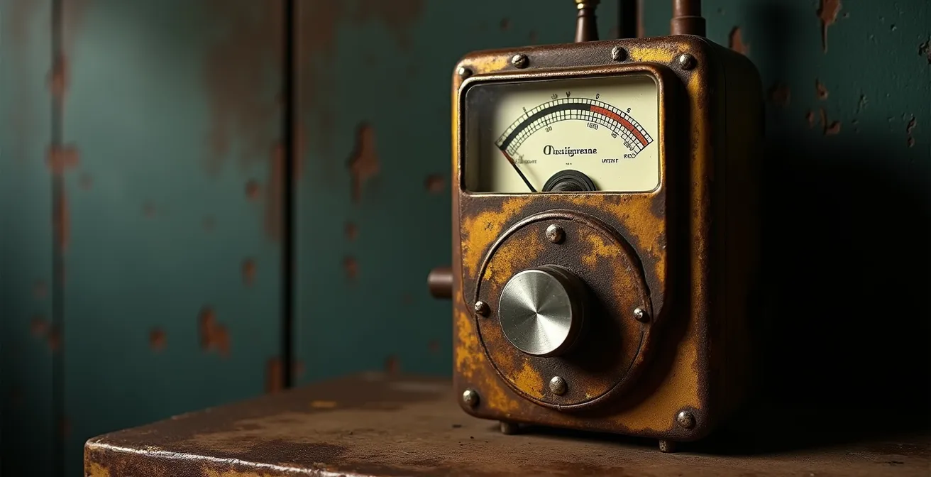 Compteur électrique ancien avec reflets lumineux montrant l'usure