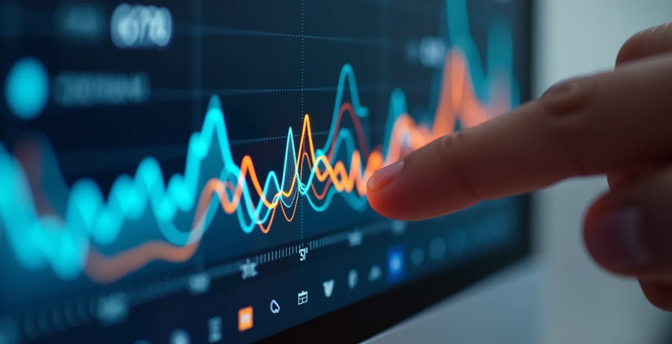 Gros plan sur un écran montrant des courbes de consommation électrique colorées avec main pointant un pic de consommation