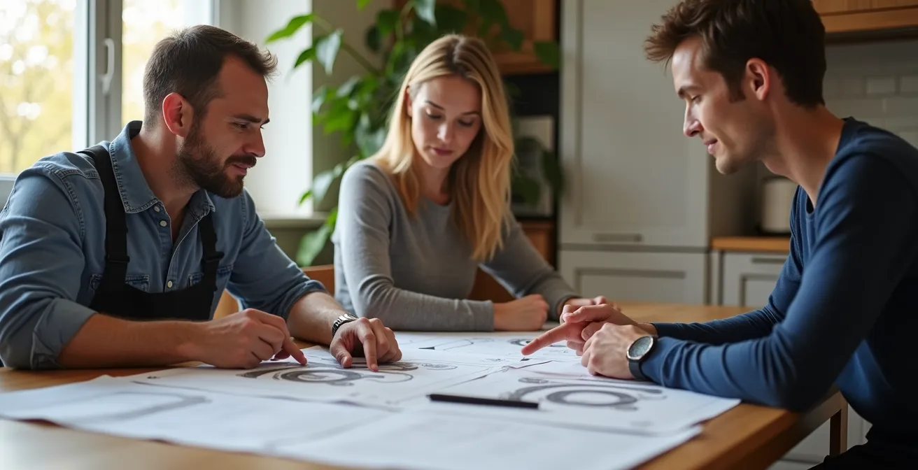 Artisan RGE présentant un devis à un couple dans leur salon pour l'installation d'une pompe à chaleur