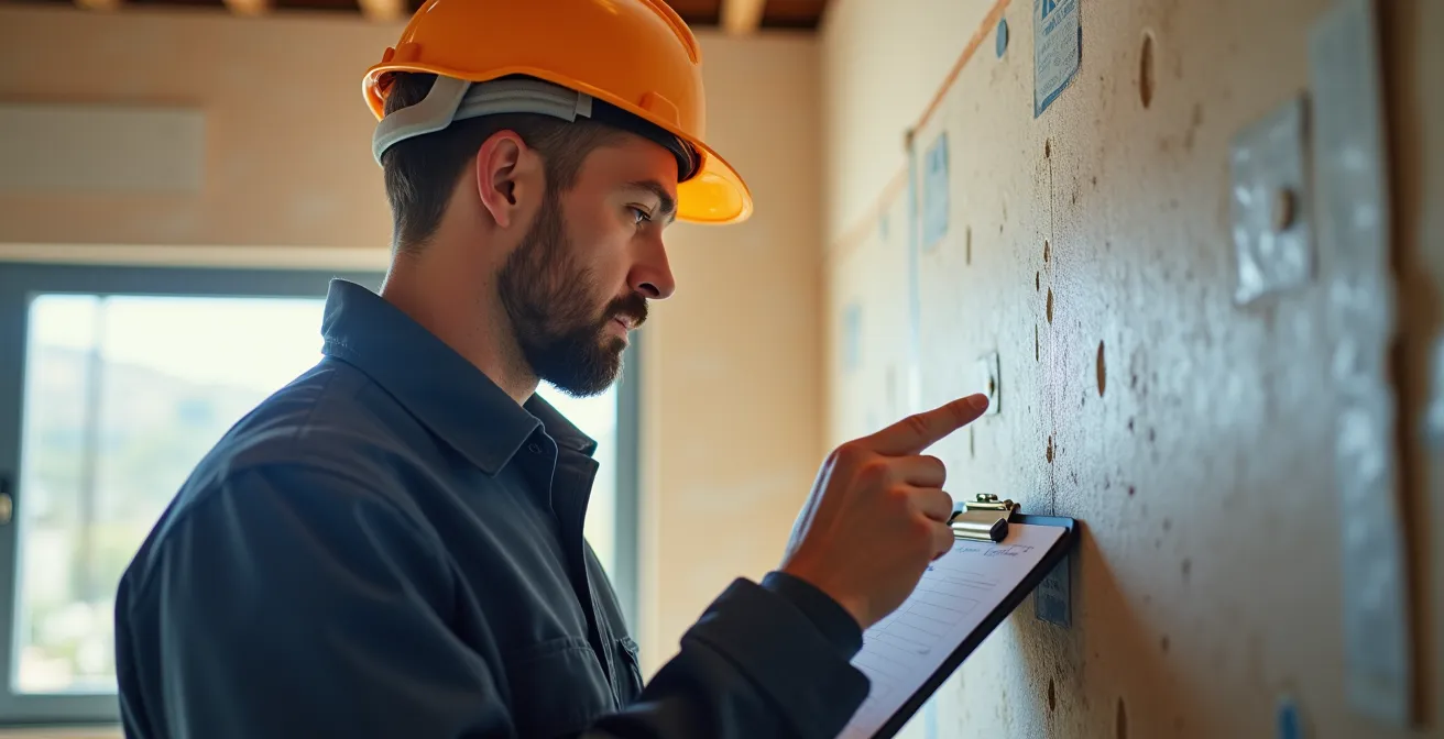 Inspecteur vérifiant un chantier de rénovation énergétique avec documentation technique