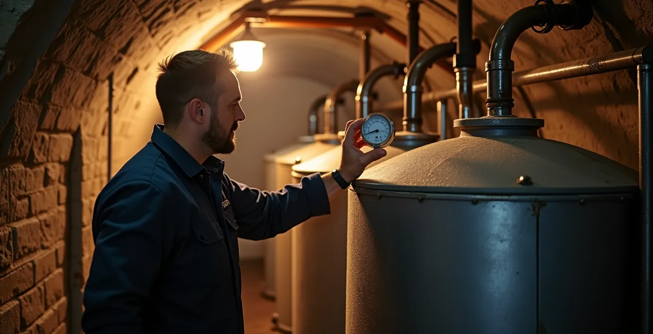 Ballon de stockage thermique à stratification de 1000 litres installé dans une cave voûtée