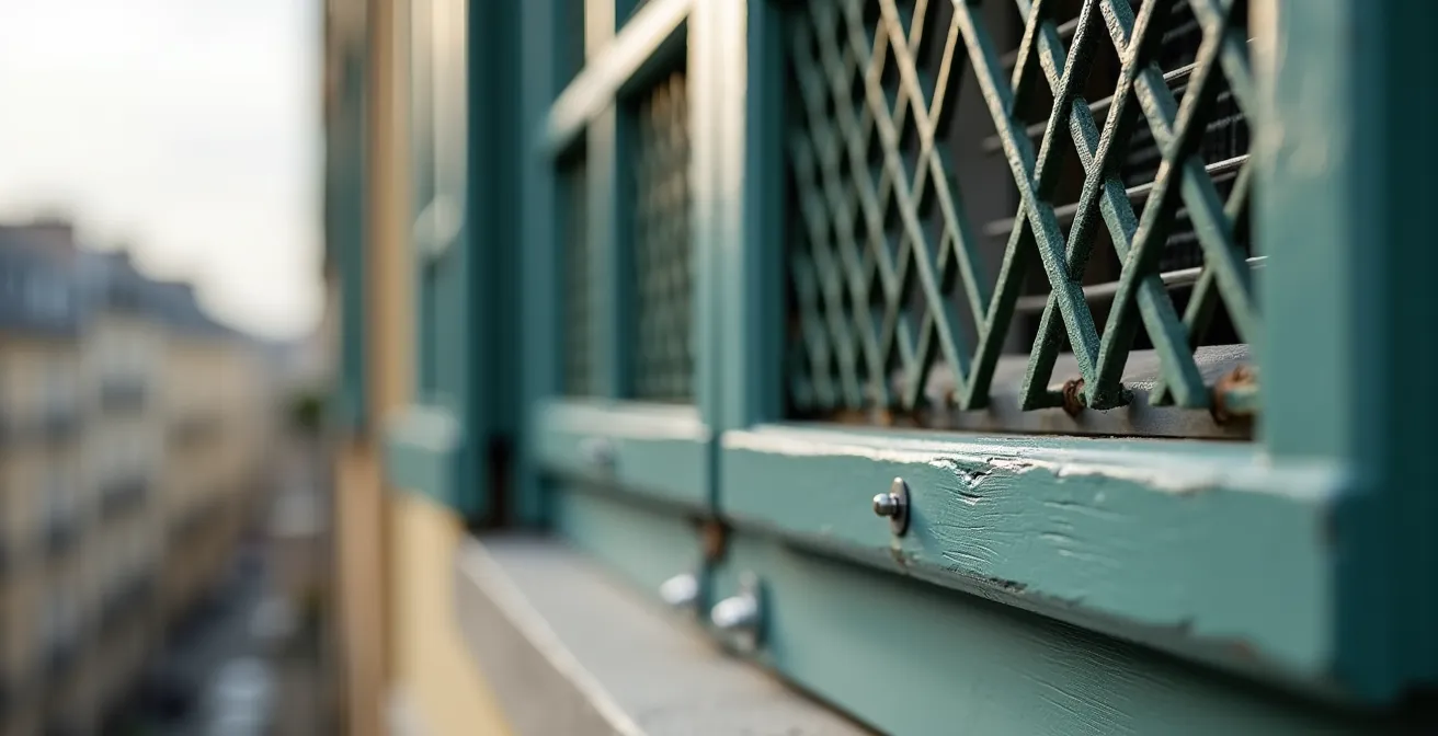 Cache-climatiseur en bois laqué dissimulant une unité extérieure sur un balcon français