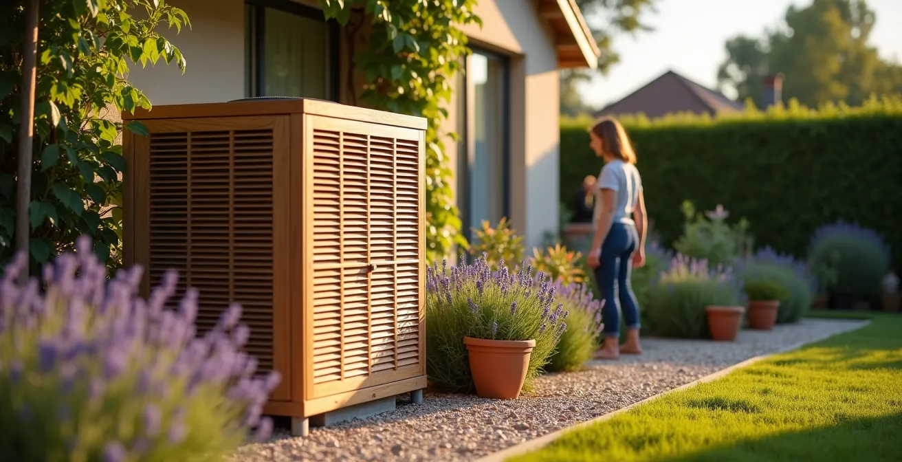 Cache pompe à chaleur en bois intégré harmonieusement dans un jardin français