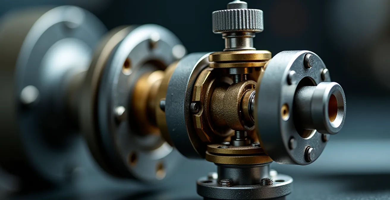 Vue macro du mécanisme interne d'une vanne thermostatique en cours de calibrage