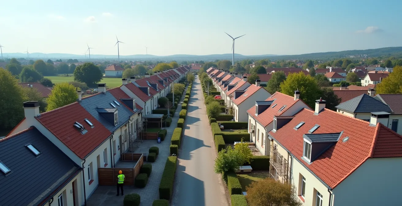 Vue aérienne d'un quartier résidentiel français avec des travaux de rénovation énergétique en cours