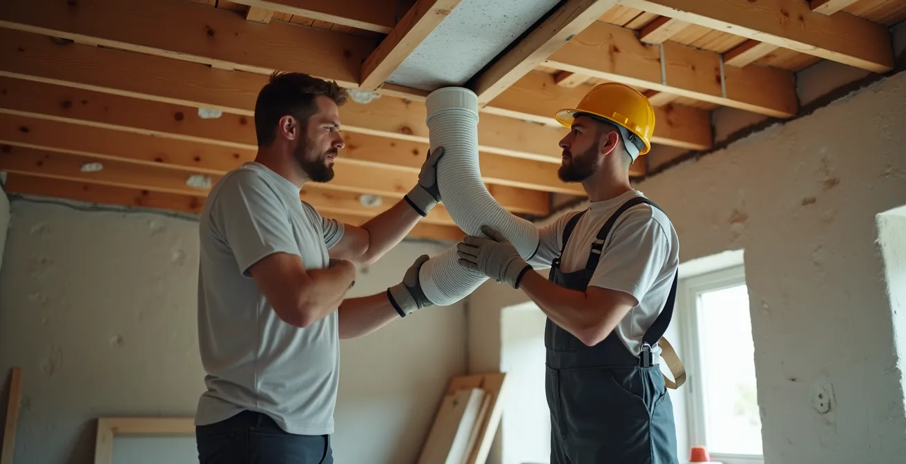 Chantier de rénovation montrant l'installation coordonnée de l'isolation et des gaines VMC