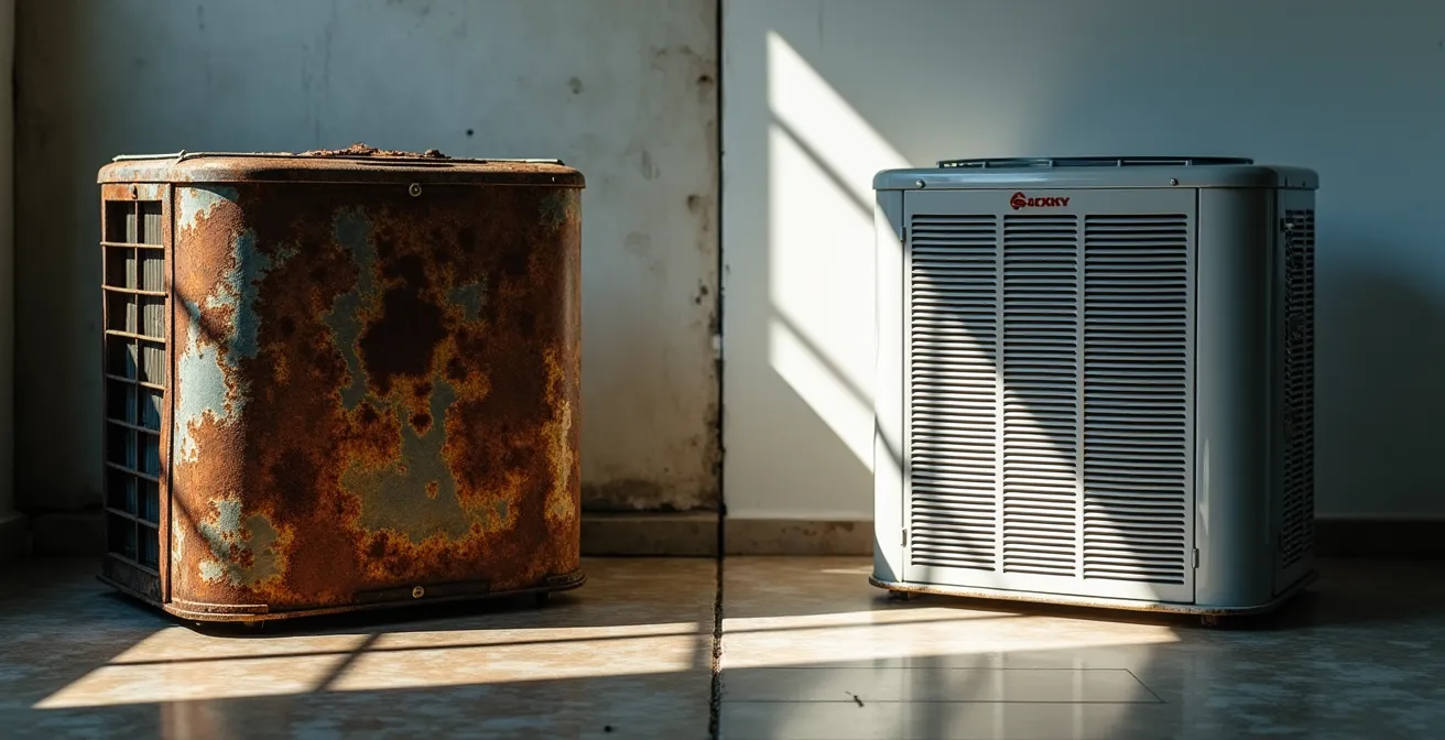 Comparaison visuelle entre un ancien climatiseur usé et un modèle récent économe en énergie