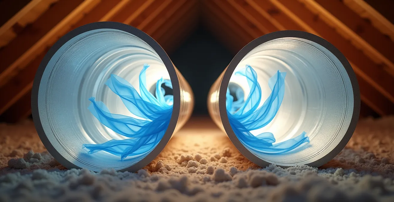 Vue en coupe de deux gaines de VMC de diamètres différents montrant le flux d'air et les turbulences