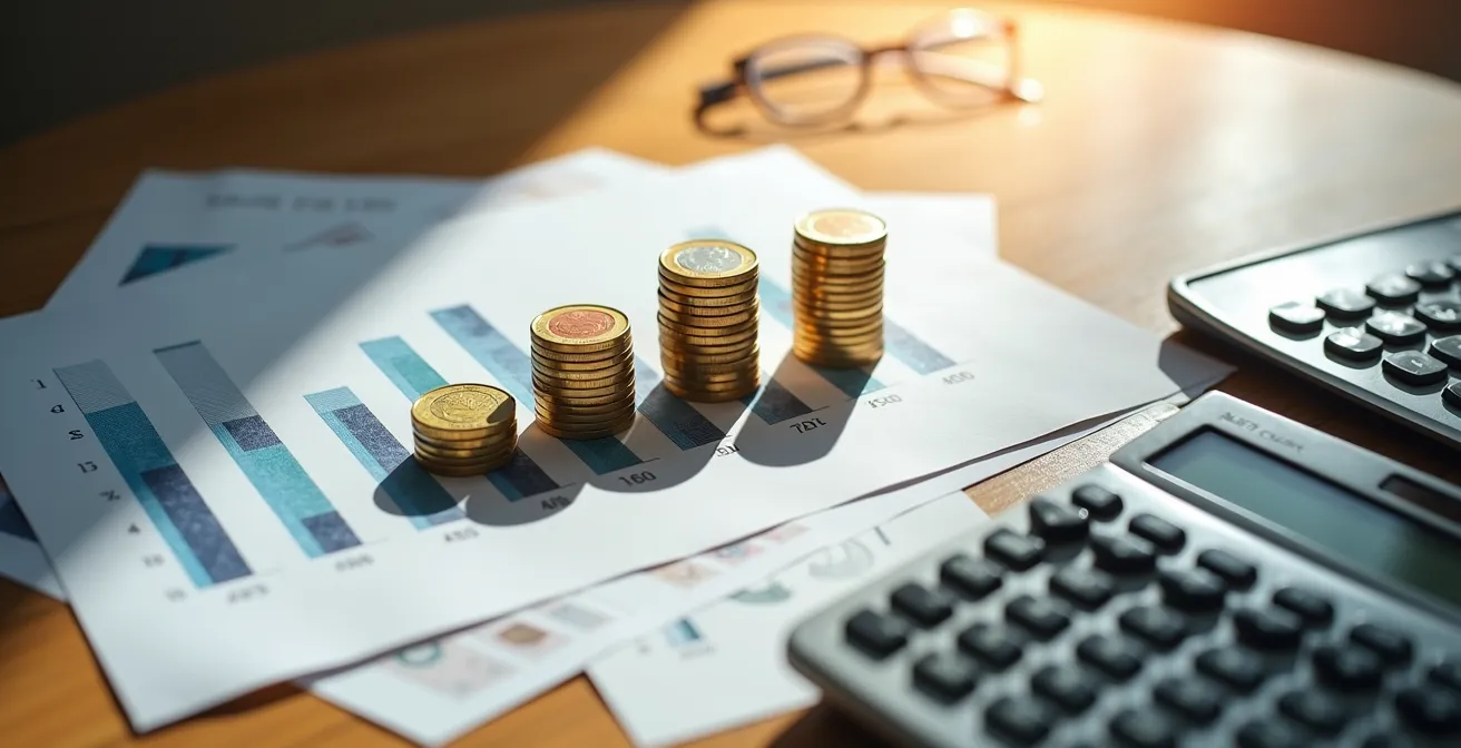Bureau avec calculatrice et graphiques comparatifs de coûts énergétiques sur table en bois