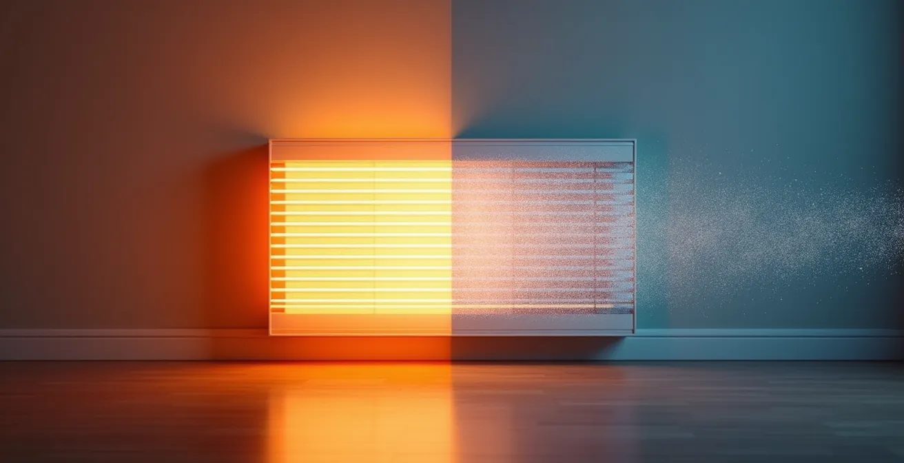Comparaison visuelle entre un radiateur rayonnant moderne diffusant une chaleur douce et un convecteur ancien créant un tourbillon de poussière.