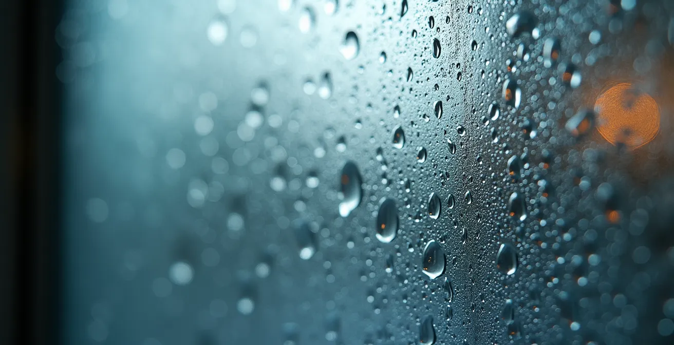 Gros plan sur une fenêtre de salle de bain embuée avec des gouttelettes d'eau condensée formant des motifs naturels