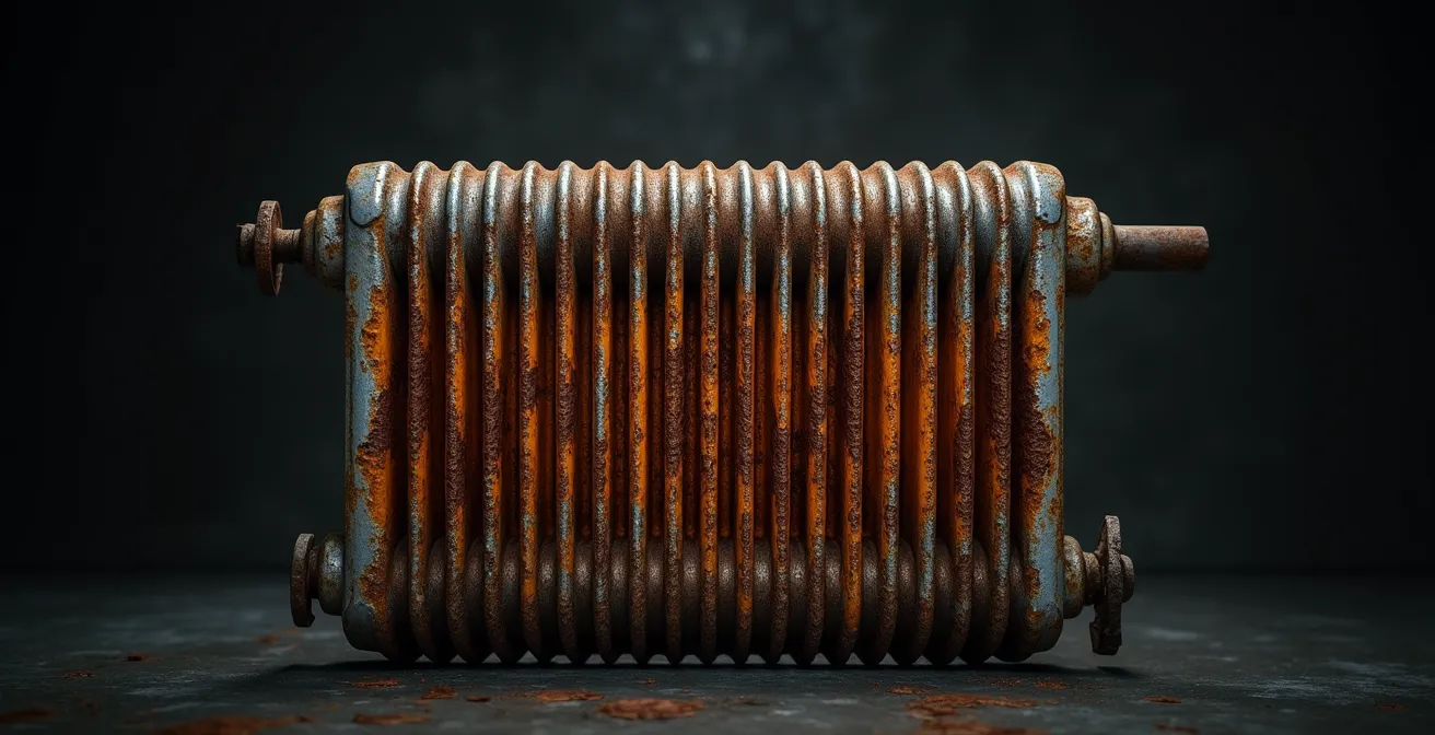 Vue en coupe d'un radiateur montrant la corrosion interne