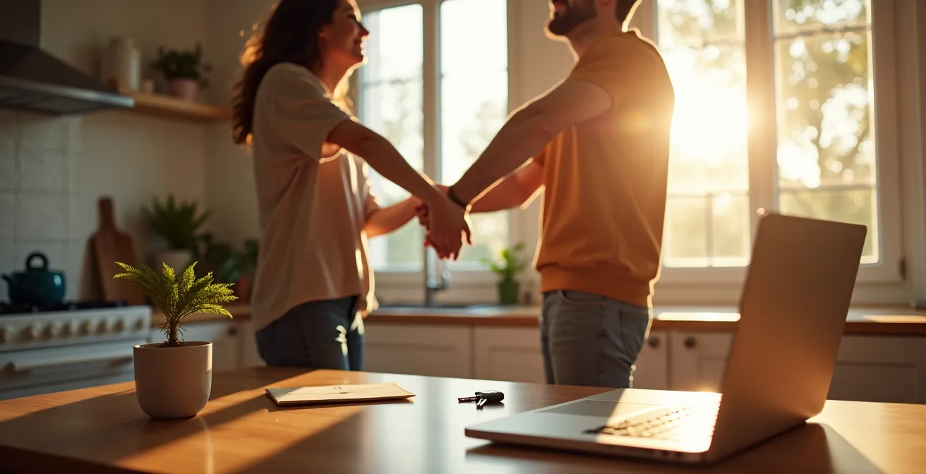 Couple français recevant une notification bancaire de versement d'aide