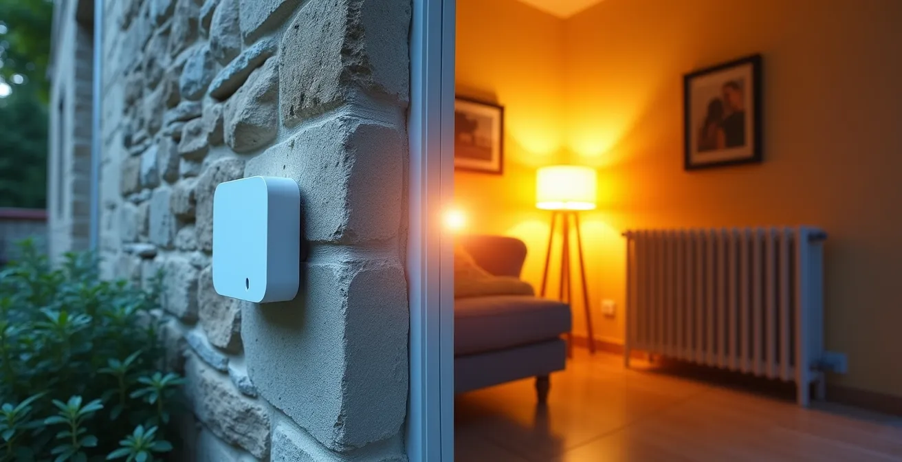 Système de régulation climatique avec sonde extérieure sur mur de maison française