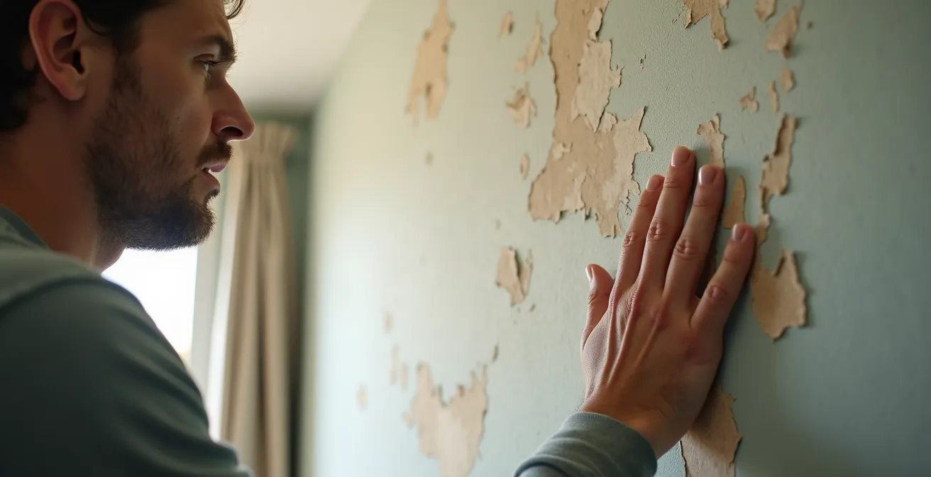 Mur intérieur très dégradé par l'humidité, montrant des cloques et des taches de moisissure dues à la condensation.