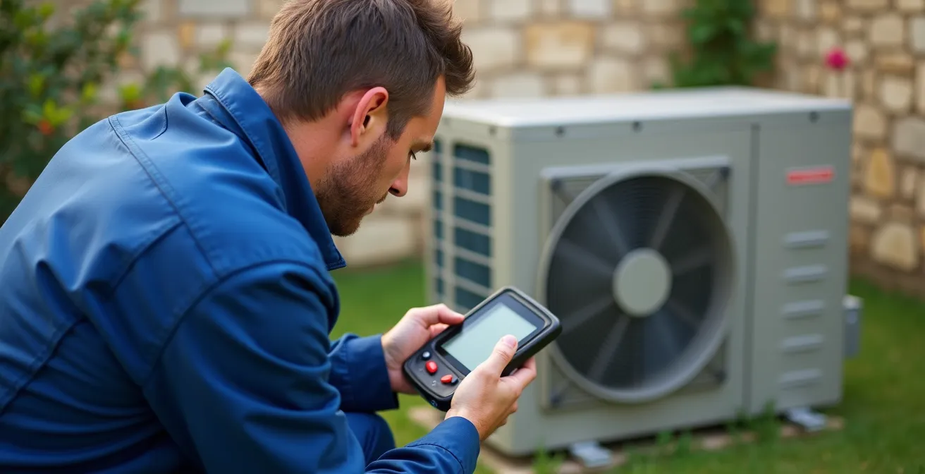 Technicien analysant les vibrations d'un compresseur de pompe à chaleur avec un appareil de mesure
