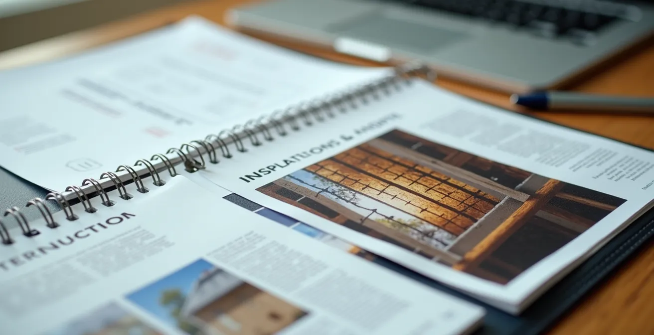 Gros plan sur un dossier organisé de documents de travaux avec factures et photos, prêt pour le diagnostiqueur DPE