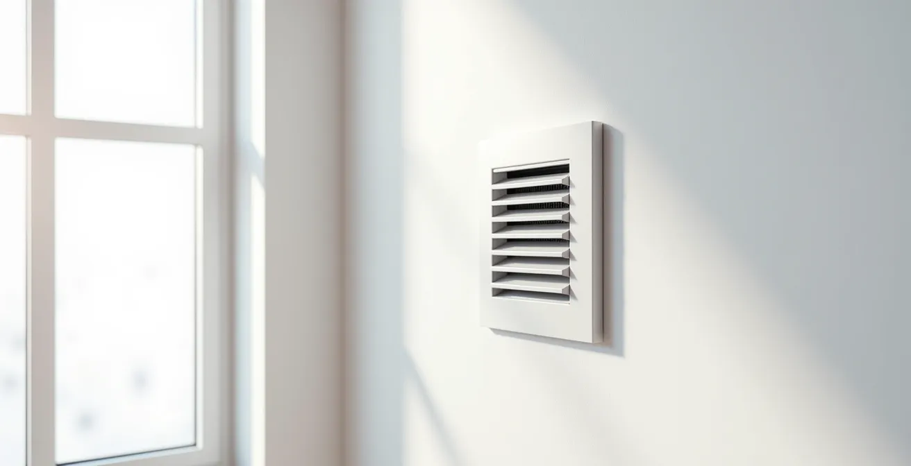 Vue en coupe d'une entrée d'air moderne installée sur un mur, montrant le flux d'air entrant