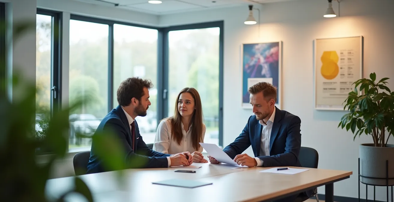 Conseiller France Rénov' accompagnant un couple dans leurs démarches administratives dans un bureau moderne et lumineux