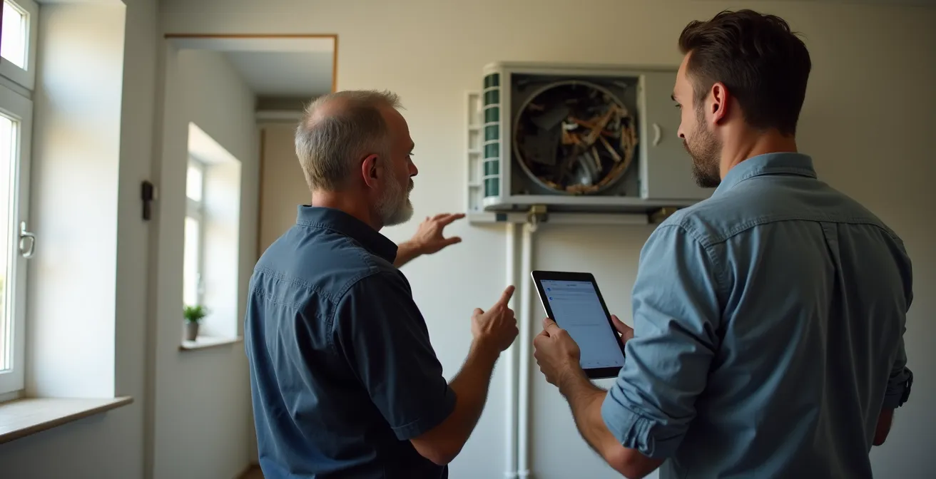 Expert d'assuré examinant les dommages d'une pompe à chaleur avec le propriétaire