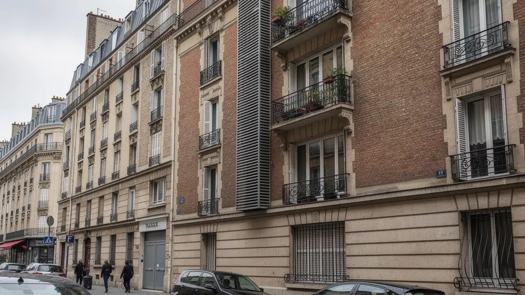 Façade d'immeuble résidentiel français avec grilles de ventilation visibles