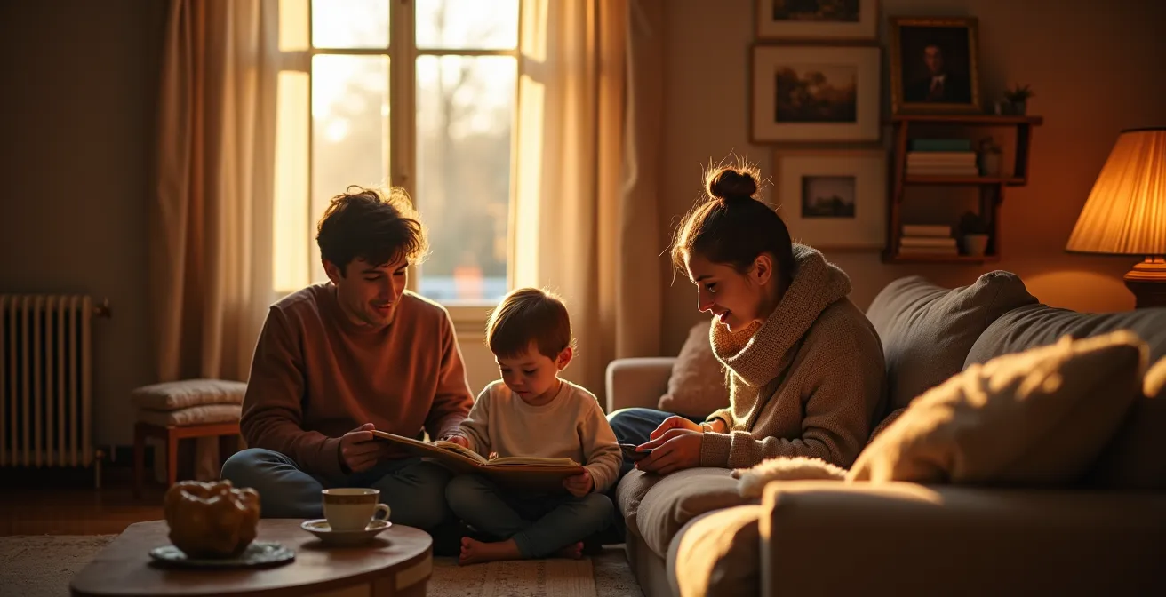 Famille dans un salon chaleureux en hiver avec système de chauffage optimisé