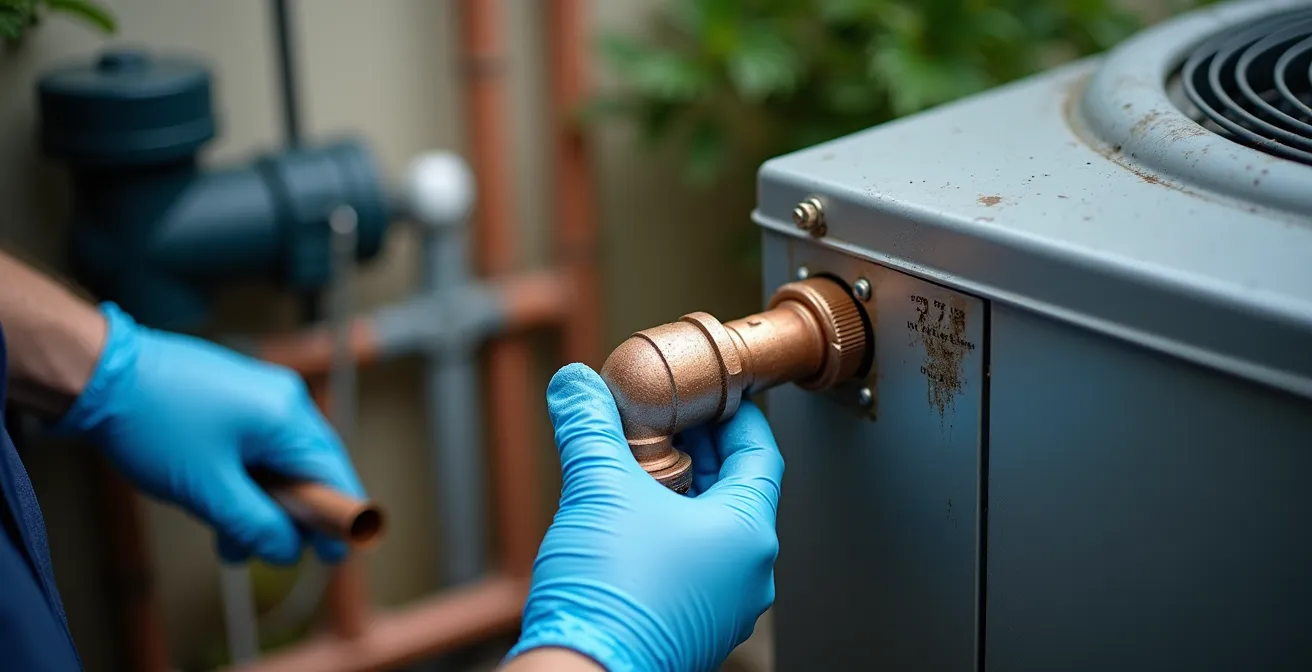 Technicien RGE installant une pompe à chaleur air-eau devant une maison française