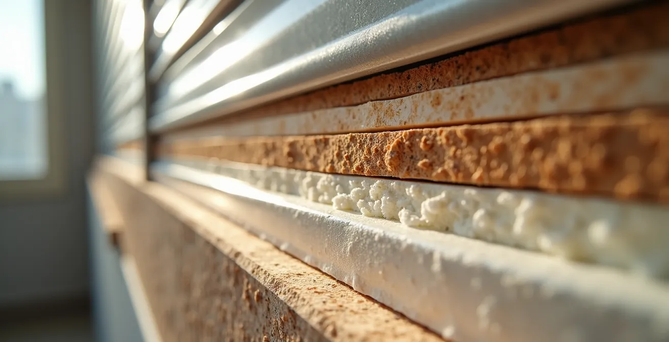 Vue détaillée de l'isolation d'un coffre de volet roulant avec plusieurs couches de matériaux isolants.