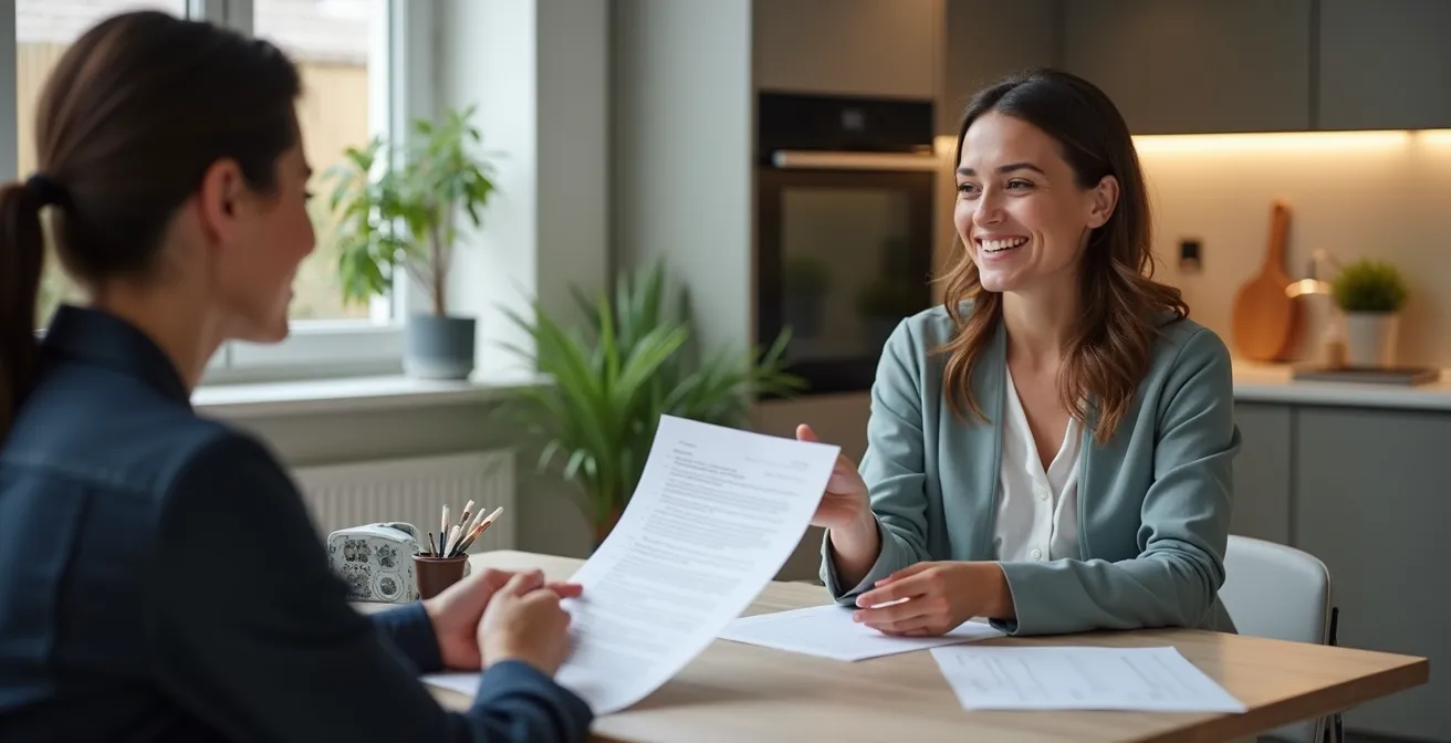 Scène montrant un échange de documents entre locataire et propriétaire dans un intérieur français typique
