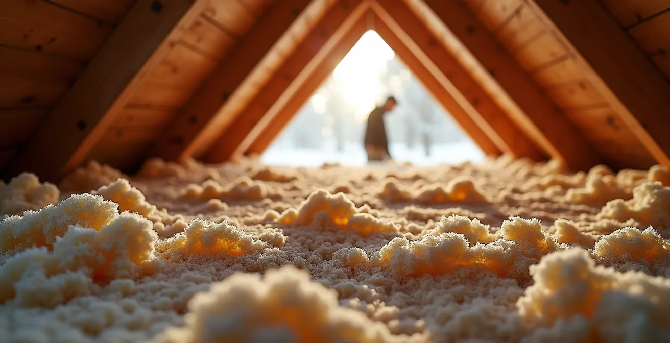 Vue en coupe d'une maison montrant l'isolation des combles en cours avec matériaux isolants visibles
