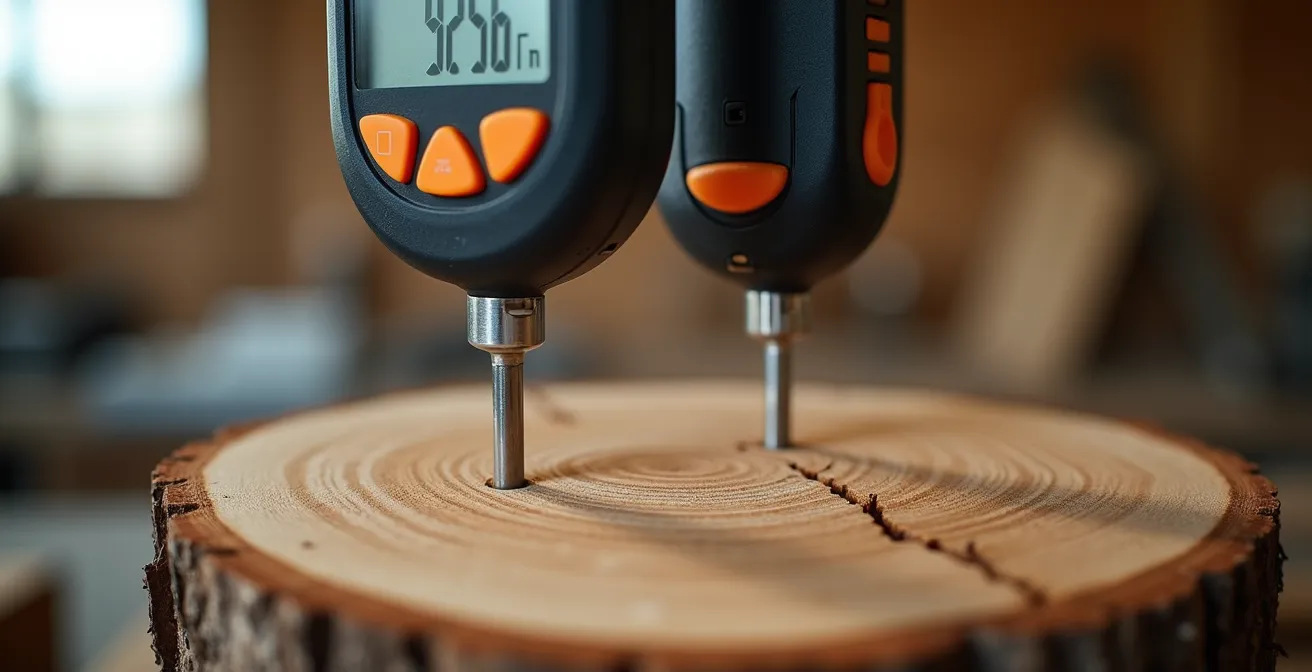 Humidimètre inséré au cœur d'une bûche fendue pour mesurer le taux d'humidité