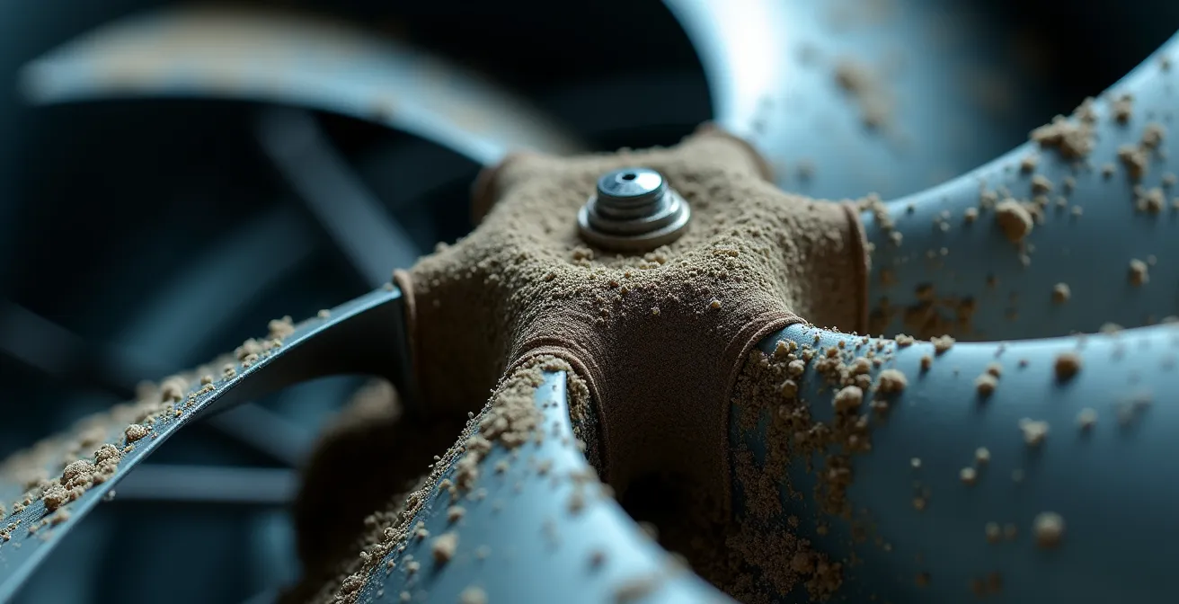 Gros plan macro sur les pales d'une turbine de VMC montrant l'accumulation de poussière et de graisse