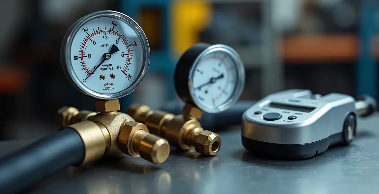 Outils professionnels de climatisation disposés sur un établi, incluant manomètres et balance de précision.