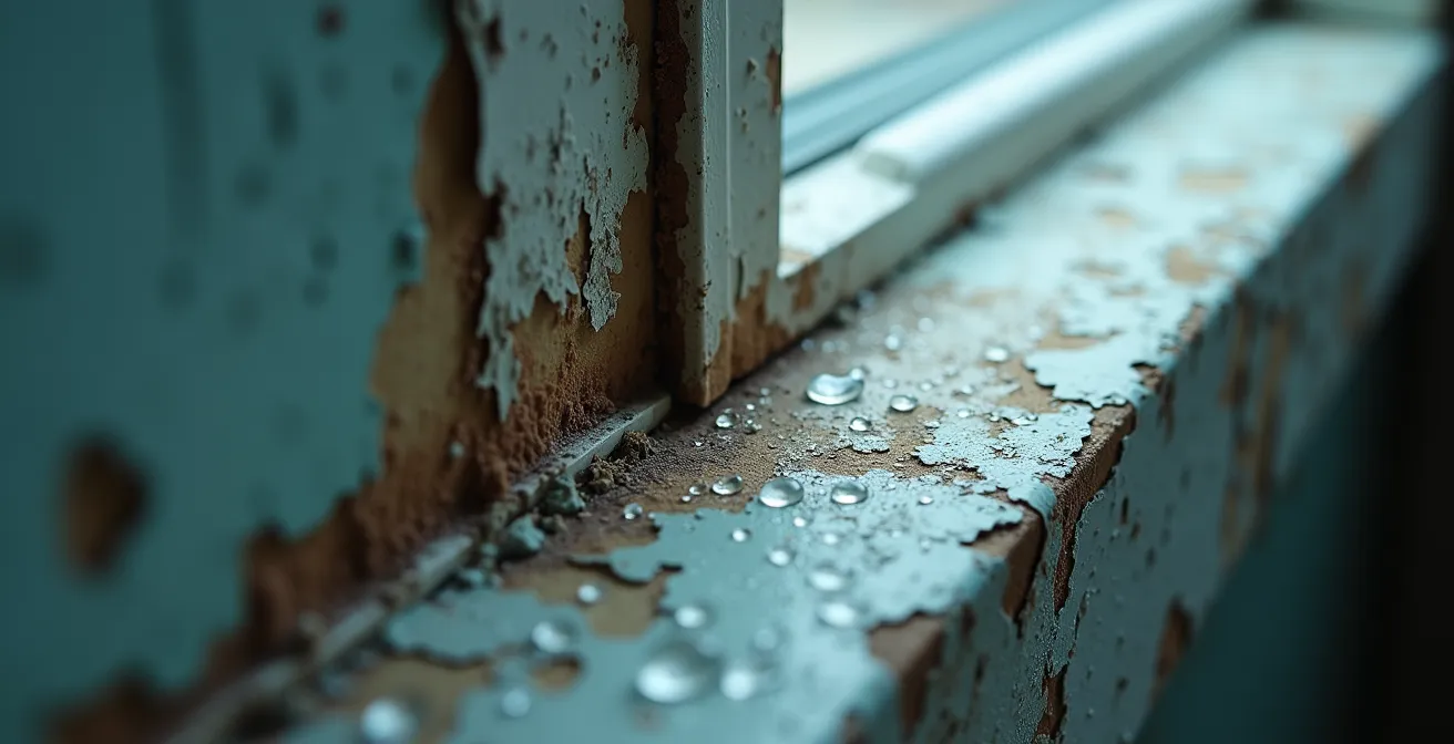 Gros plan sur condensation et moisissures autour d'une fenêtre mal isolée
