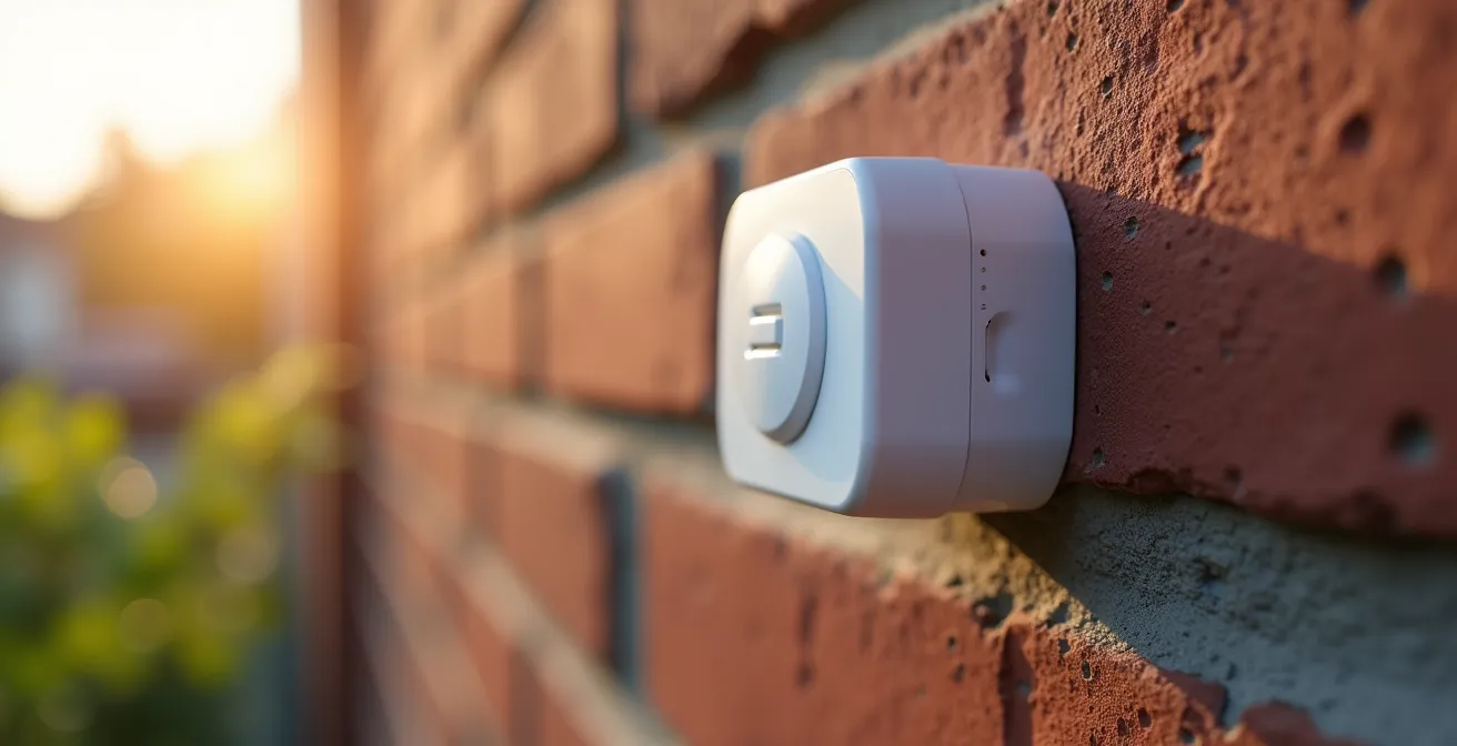 Détail d'une sonde extérieure correctement installée sur mur nord à 2 mètres du sol