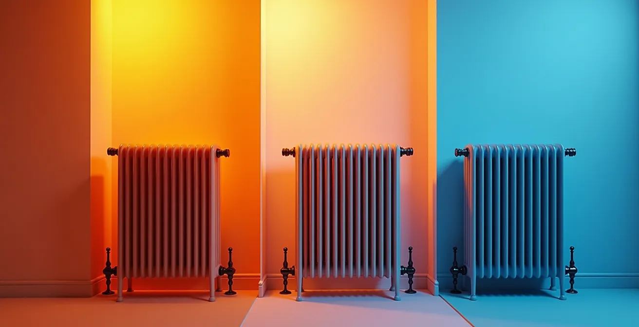 Comparaison visuelle de différents types de radiateurs français avec une pompe à chaleur