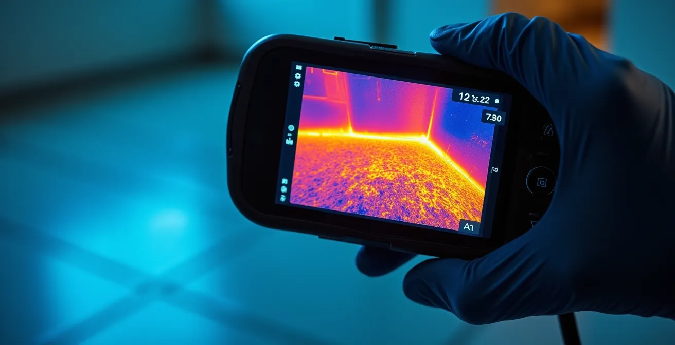 Technicien utilisant une caméra thermique pour détecter une fuite dans un plancher chauffant