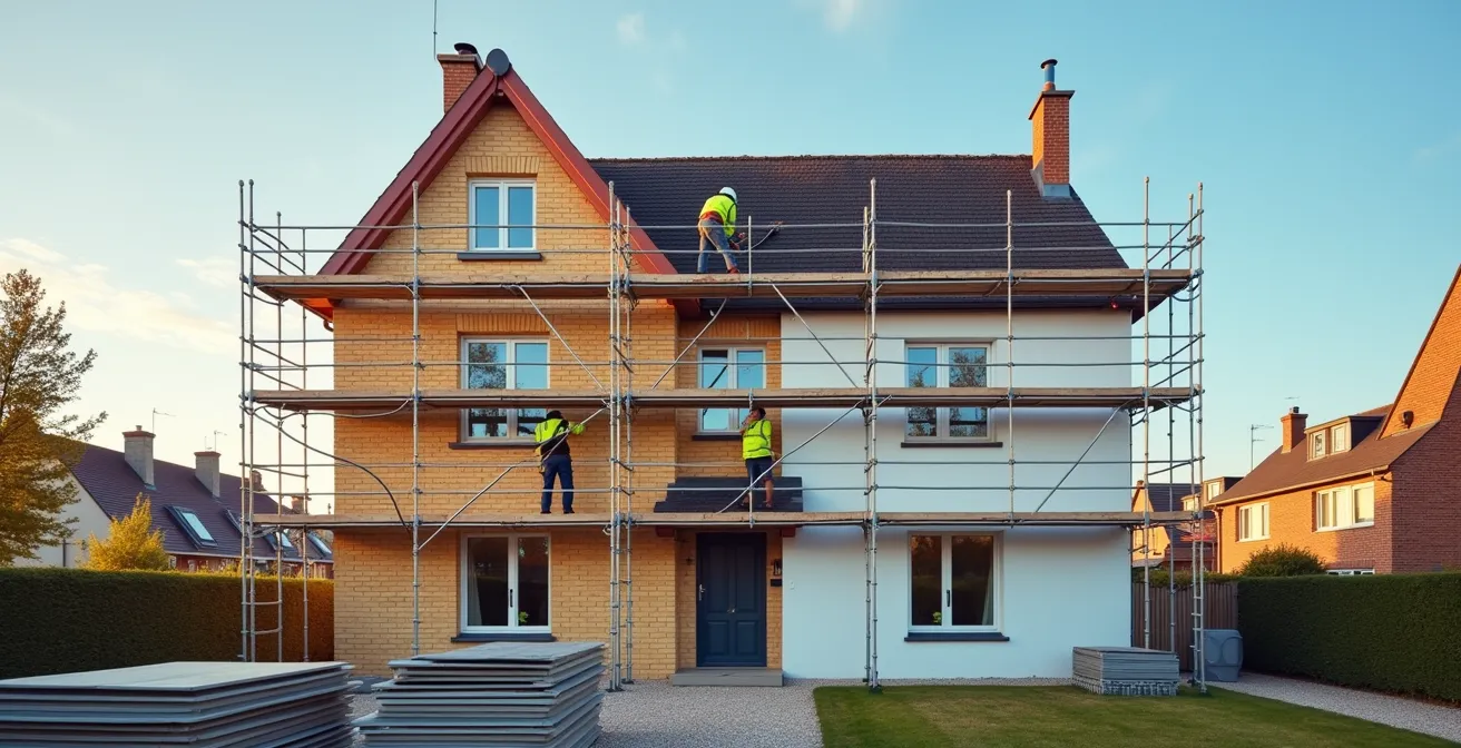 Vue large d'une maison française en cours d'isolation thermique par l'extérieur avec échafaudages et ouvriers au travail