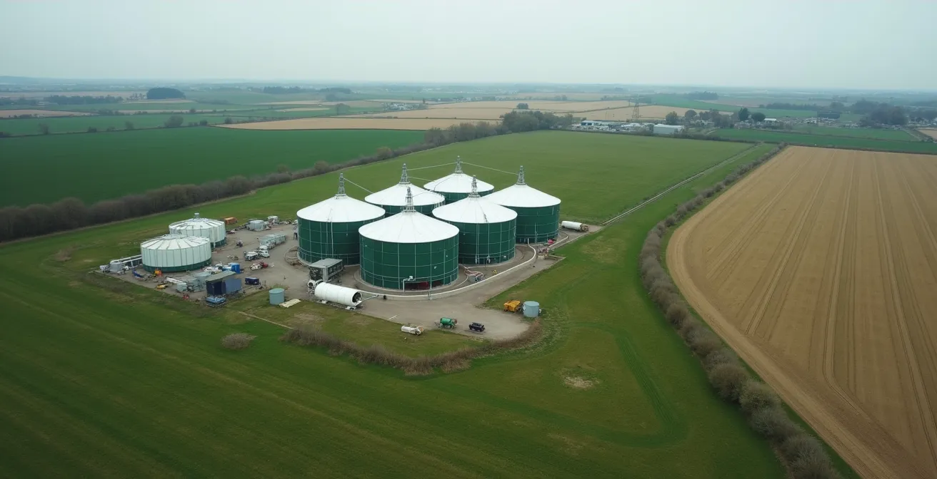 Vue aérienne d'un site d'injection de biométhane dans le réseau de gaz français avec méthaniseur agricole