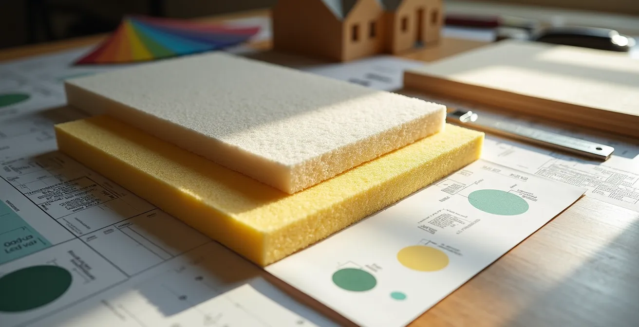 Architecte analysant des documents techniques avec des échantillons de matériaux d'isolation sur une grande table de travail