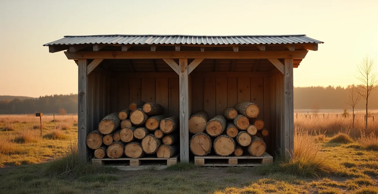 Abri à bois ouvert avec ventilation naturelle et bûches sur palettes