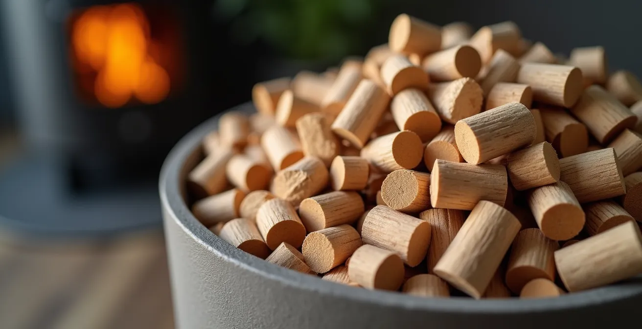 Rangement design de granulés de bois dans un salon moderne avec meuble de stockage élégant