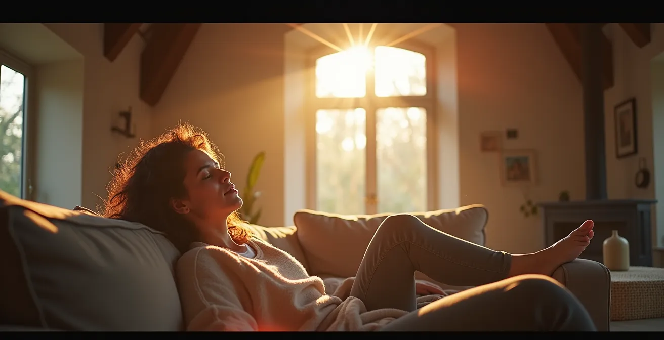 Vue intérieure d'un salon avec plafond cathédrale montrant la stratification de l'air chaud