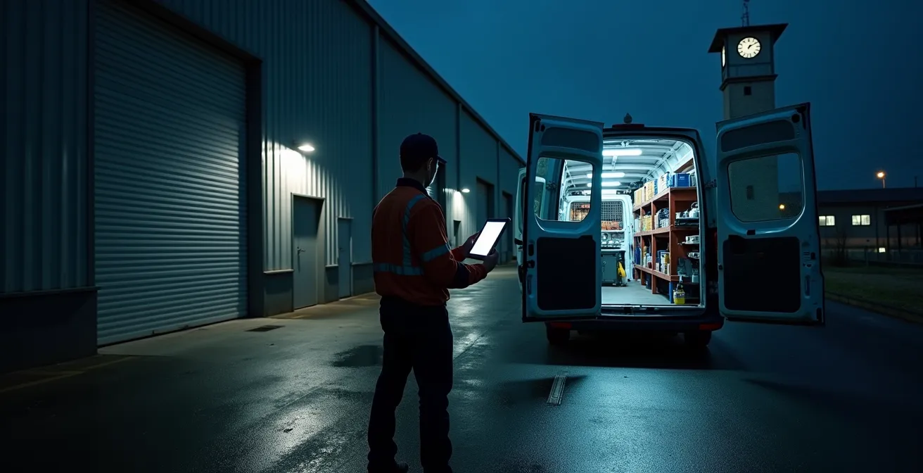 Technicien effectuant un diagnostic de chaudière lors d'une intervention nocturne