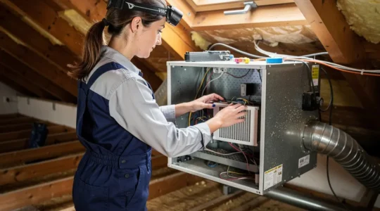 Technicienne inspectant une VMC dans des combles résidentiels