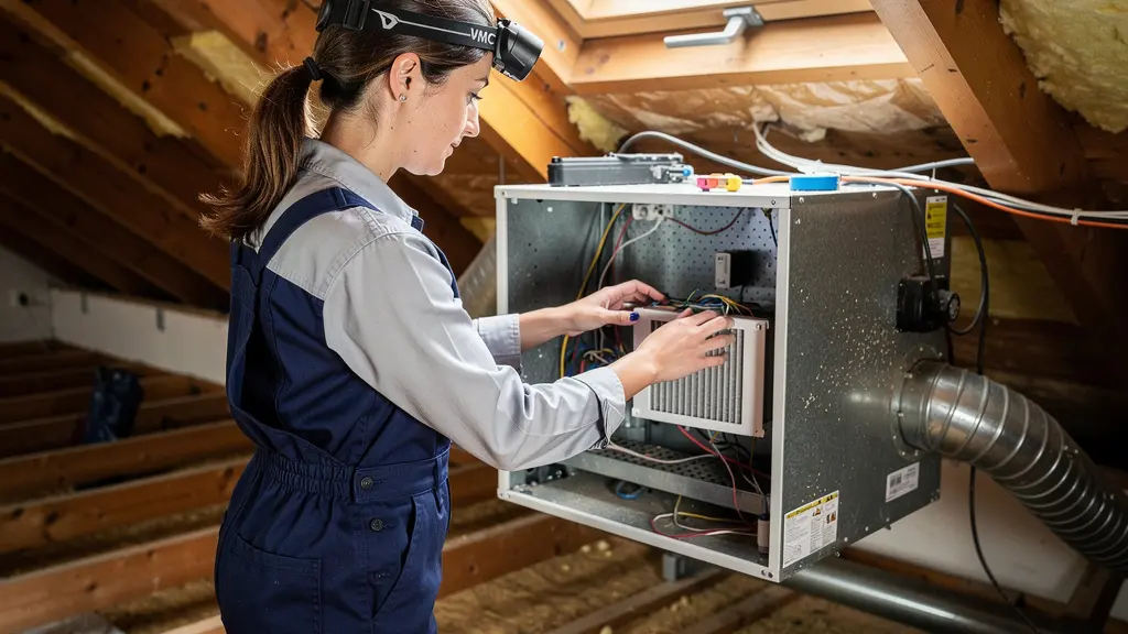 Technicienne inspectant une VMC dans des combles résidentiels