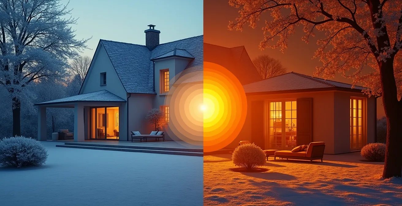 Interface moderne de thermostat intelligent montrant les courbes d'apprentissage de l'inertie thermique d'une maison