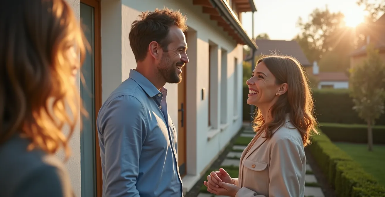 Agent immobilier présentant une maison rénovée avec classe énergétique améliorée