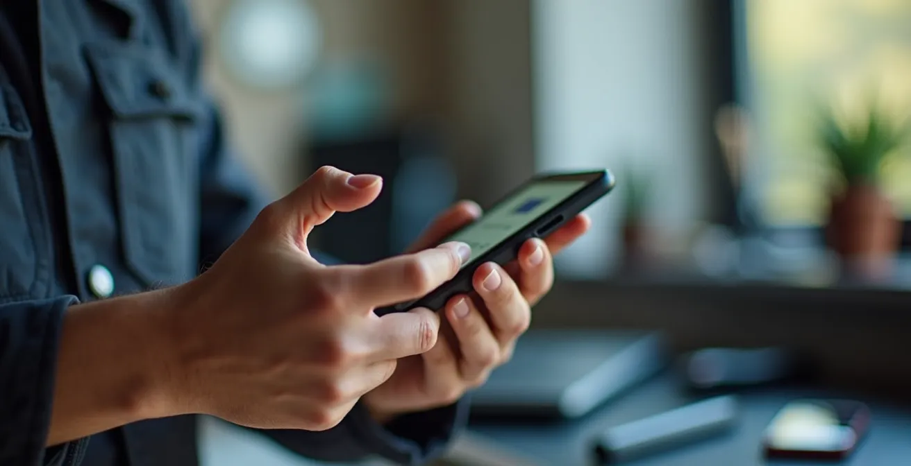 Main tenant un smartphone montrant une attestation professionnelle floue à l'arrière-plan