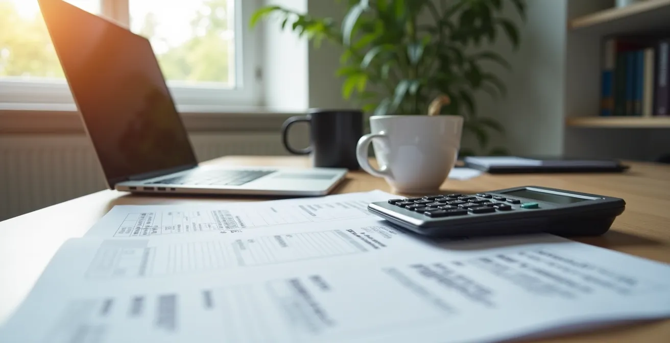 Bureau avec ordinateur affichant une vérification de certificat RGE en arrière-plan